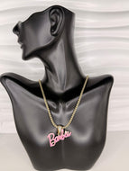 Barbie Nameplate Necklace – Genuine 14K Gold with Pink Enamel